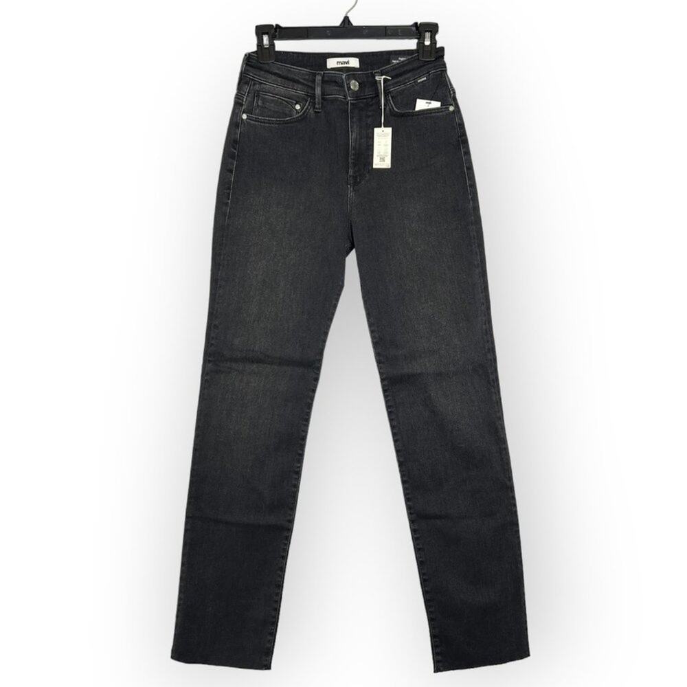 NWT MAVI PARIS High Rise Slim Straight Jeans SIZE 27 x 30 Black Raw Hem Denim